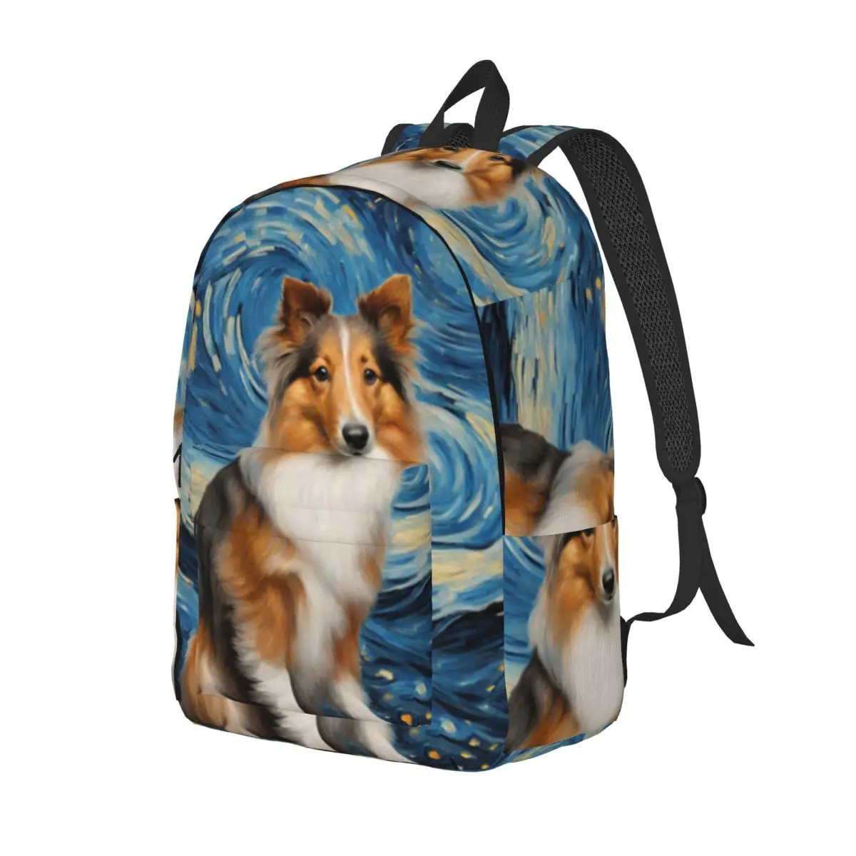 Shetland Sheepdog Dog In A Van Gogh Starry Night Student Backpack School Bag Hiking Travel Daypack for Bookbag Shoulder Bags