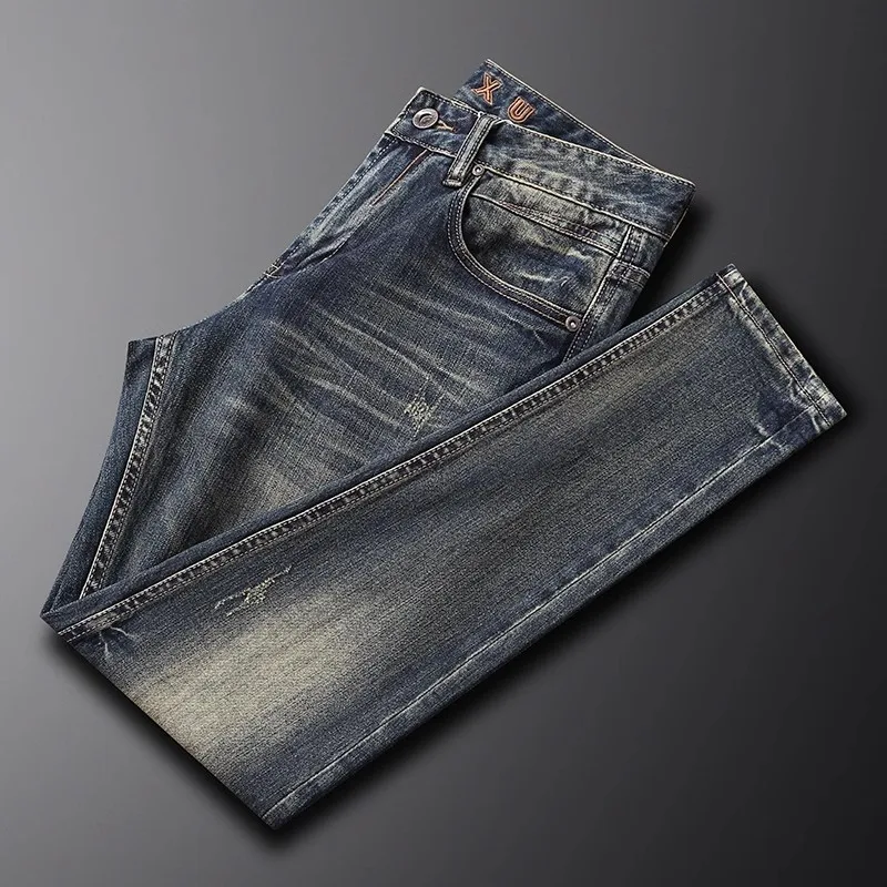 Jeans Pria Perancang Busana Jeans Robek Slim Fit Melar Biru Dicuci Retro Kualitas Tinggi Celana Denim Kasual Antik Y2K Pria Homme