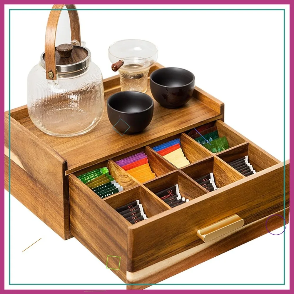 

Wooden Tea Bag Organizer with Drawer, 8-Compartment Storage Box for Countertop Display and Tea Station Organization