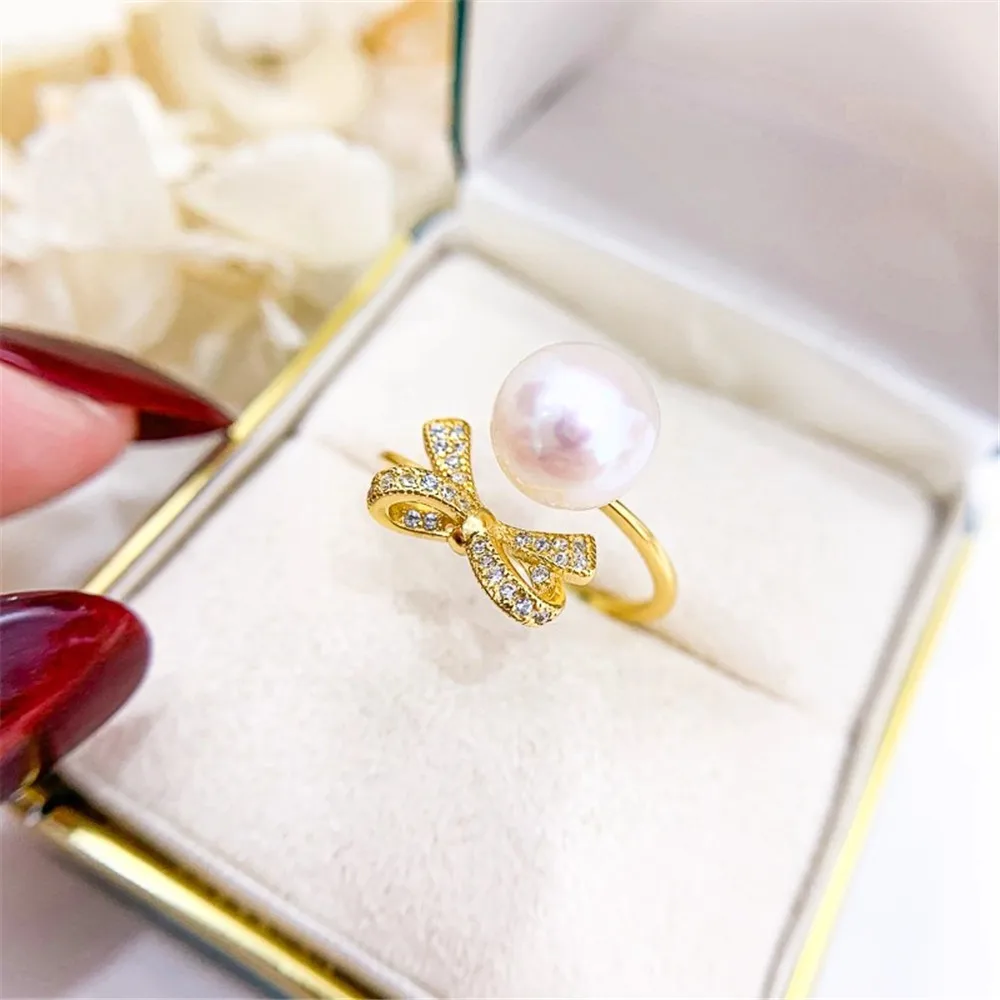 

S925 Silver Sterling Ring Inlaid Zirconia Half Hole Pearl Ring Base Resizable Design DIY Handmade Fine Jewelry Ring Accessories