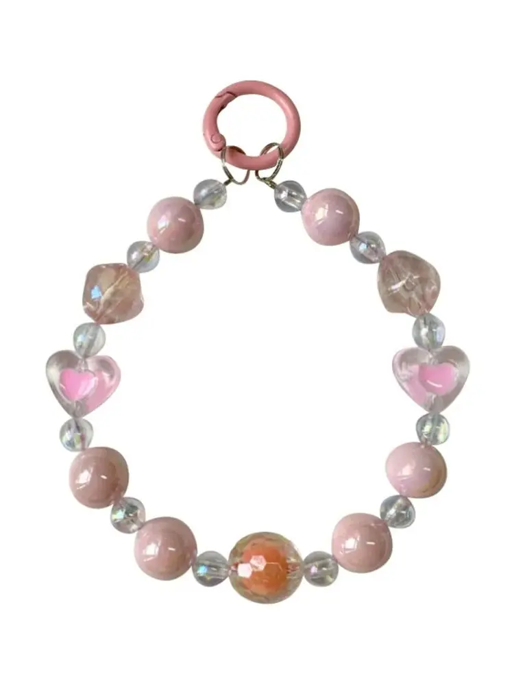 Sangle de téléphone coréenne, chaîne à breloques, perles en forme de cœur, lanière de téléphone portable, porte-clés pour femme et fille, pendentif d'appareil photo pour étui