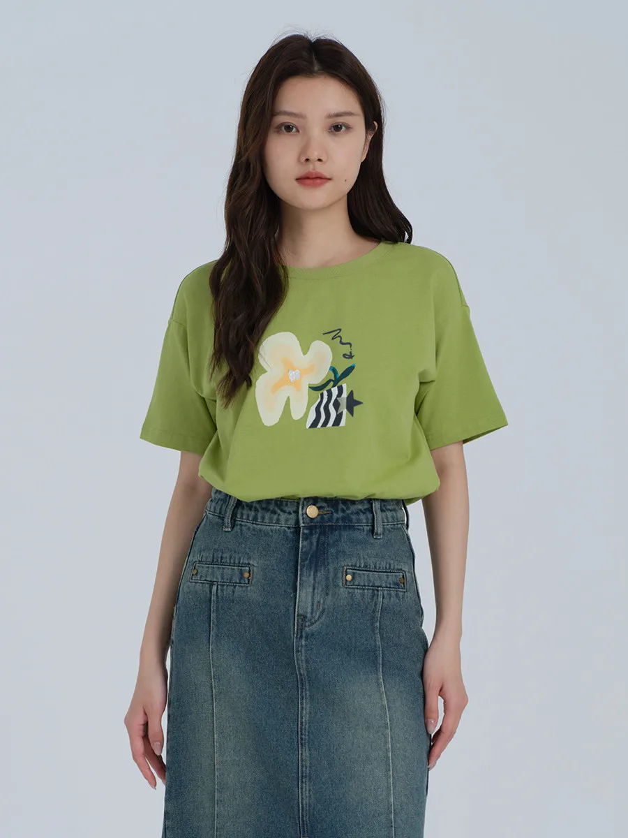 Camiseta Holgada de Manga Corta de Algodón Puro Aylen para Mujer, Estilo Veraniego, Estampado Floral Dulce y Delicado, Cuello Redondo, Estilo Casual