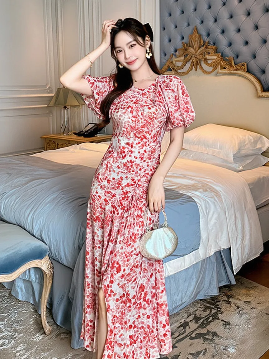 

Coigarsam 2024 Summer New Office Lady French Style Print Floral Print Puff Sleeve Zipper O-Neck High Waist Dresses