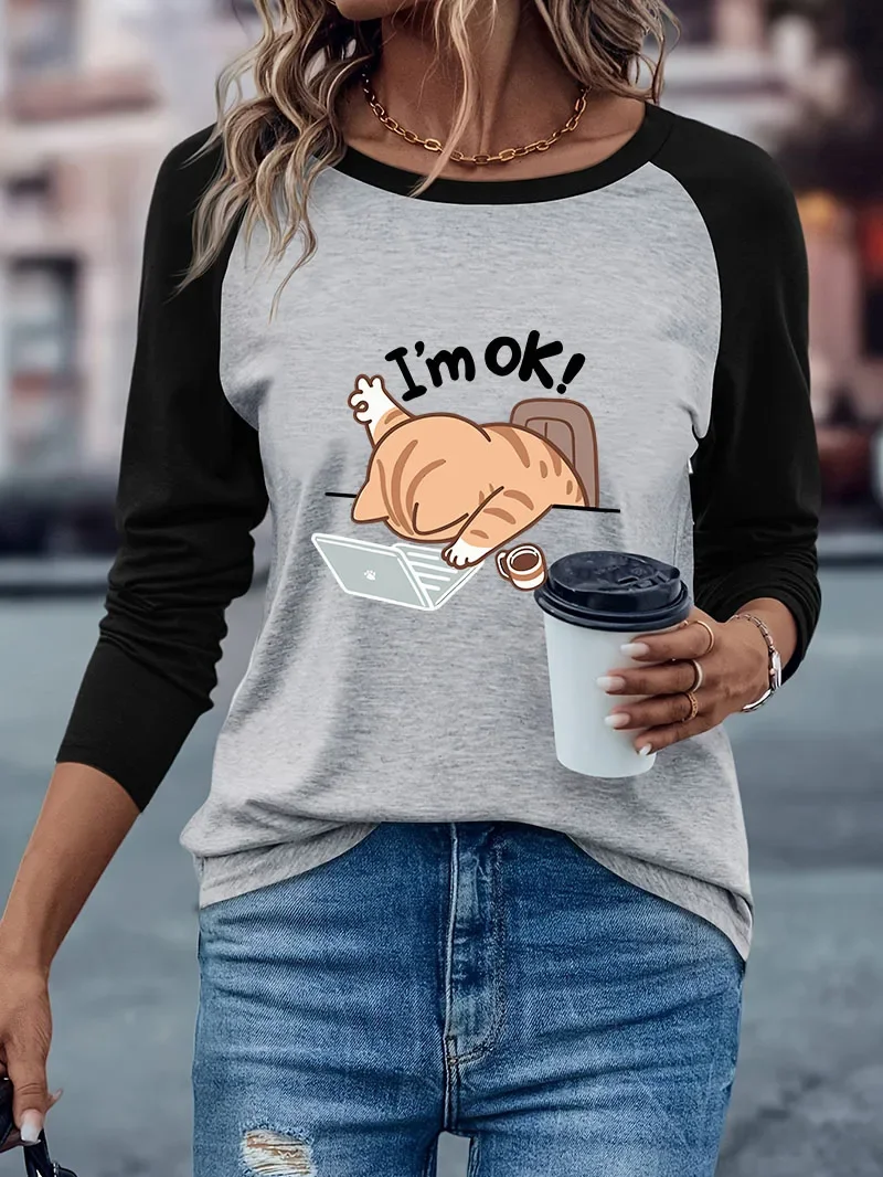 Cute  I Am Ok Computer Cat Print Casual Long Sleeve T-shirt Kawaii Cat Graphic Long Sleeved Soft T Shirt Woman Winter Autumn