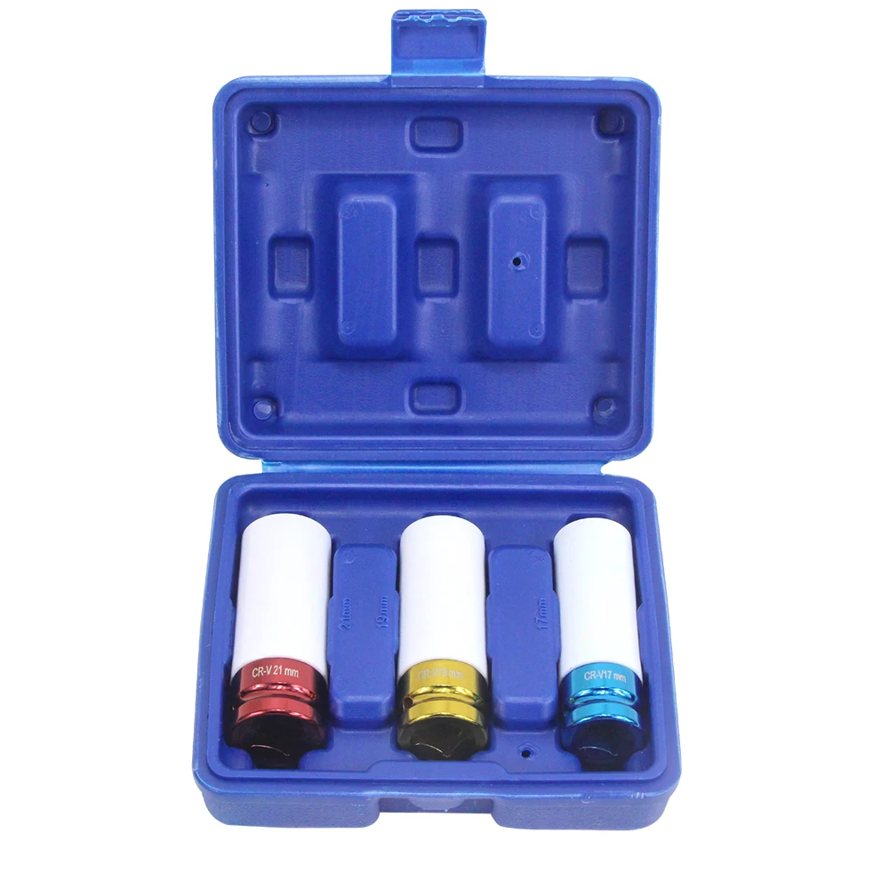 3Pcs 1/2 Inch Dr Alloy Wheel Deep Impact Lug Nut Socket Set 17mm 19mm 21mm Auto Repair Tools