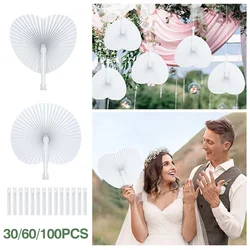 100-30pc White Paper Folding Fans, Wedding Fans for Guests, Heart-Shaped Round Fan, for Anniversary Birthday Wedding Baby Shower