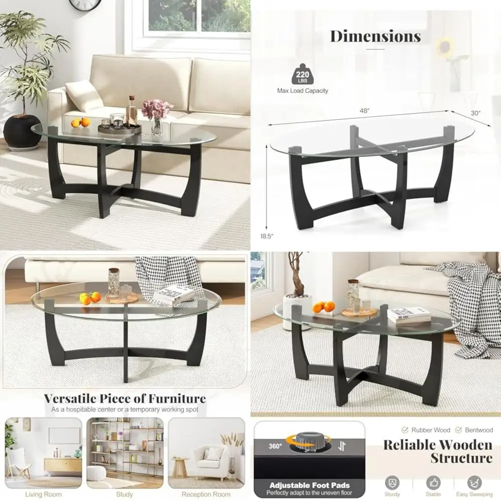 

Oval Glass Top Coffee Table, 48 Accent Tea Table with Tempered Glass and Solid Wood, Modern Cocktail Table