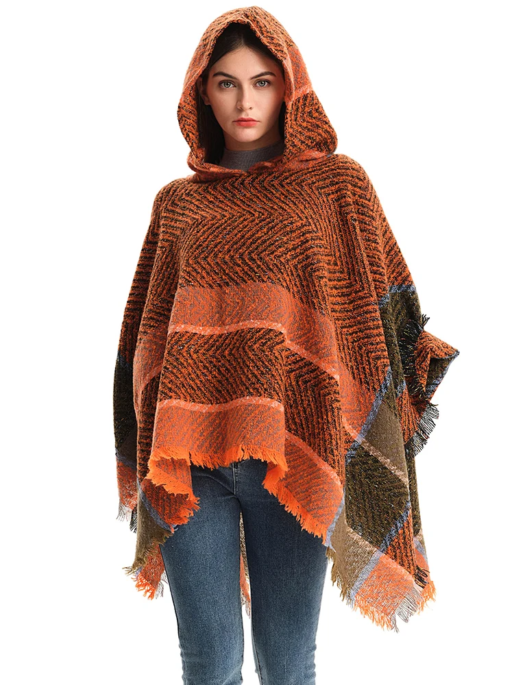 

Knitted Elegant Women Scarf Winter Boho Striped Pullover Warm Wrap Shawl Lady Chales Femme Hooded Ponchos Capas Mujer Cachecol