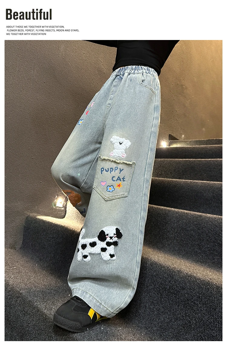 Herbstliche Jeans mit Hundestickerei für Teenager-Mädchen, Junior-Kinder-Denim-Hosen mit weitem Bein, Schul- und Streetwear-Jeans für Kinder im Alter von 5-14 Jahren – Detail 6