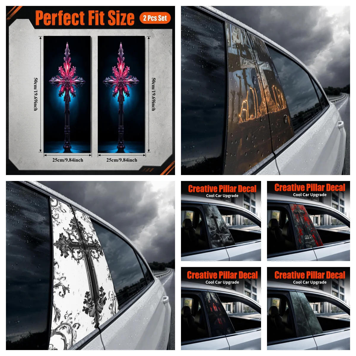 2‑Pcs Gothic Cross Car B‑Pillar Decal Set, Anti‑Scratch Waterproof Vinyl Auto Middle Column Sticker Universal Car Exterior Decal