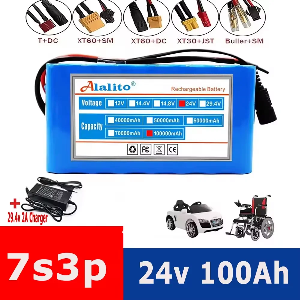 NEW 7S3P 18650 Lithium Battery Pack 24V 100Ah 15A BMS 500W 29.4V 100000mAh for Wheelchair Electric Vehicle Plus 2A Charger