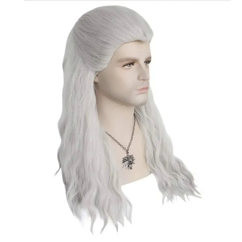 Game Witcher Silver Gray Long Straight Man Cosplay Wig Synthetic  Anime Role Play Hair Wigs for Party Halloween With Nelace