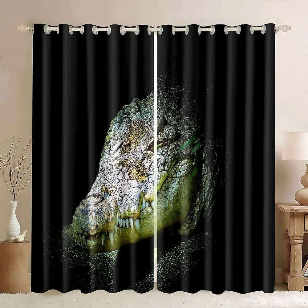 Alligator Window Curtain Panels,3D Crocodile With Black Background Crocodiles Wildlife Animal Blackout Curtains for Bedroom