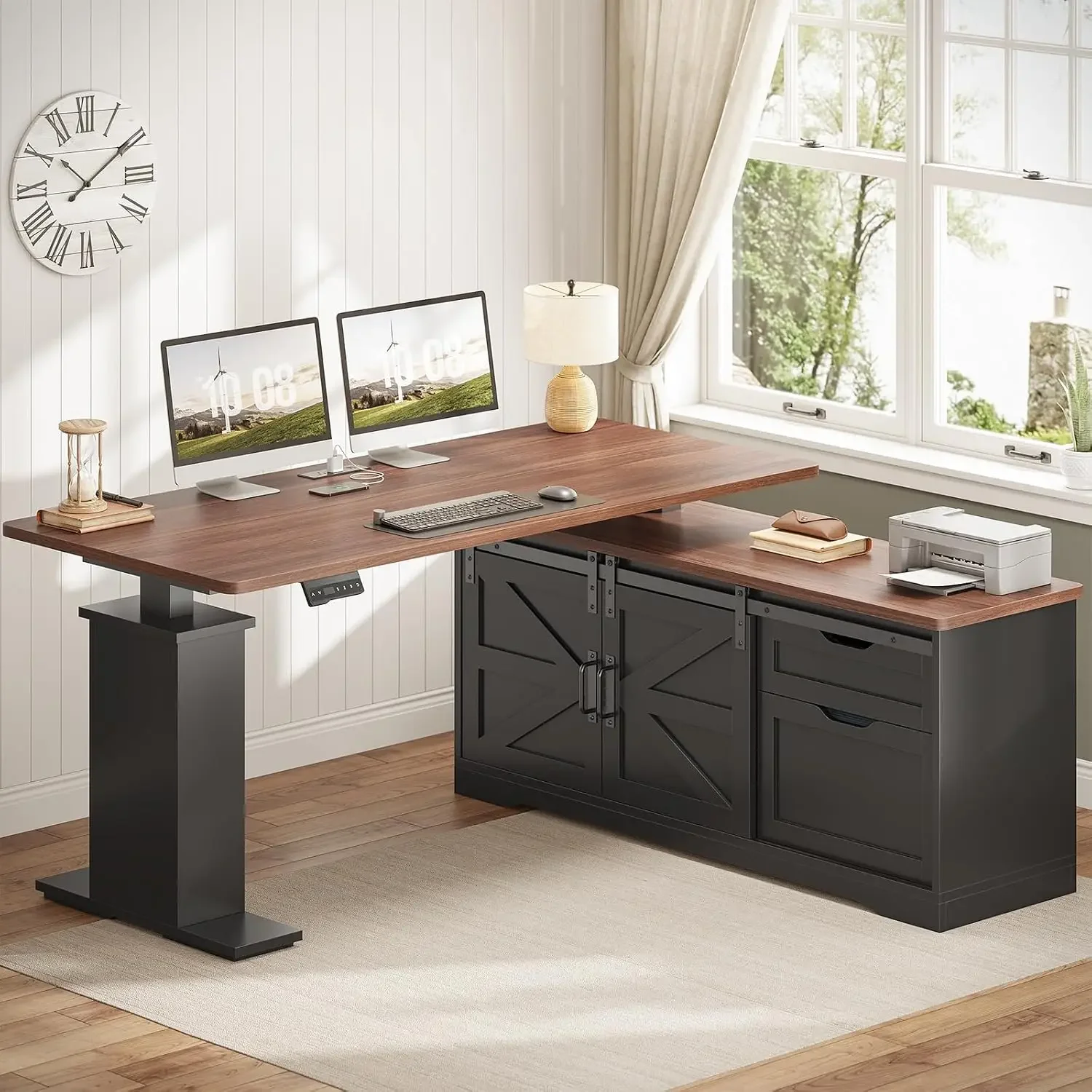 Farmhouse 55 inch L Shaped Standing Desk with Storage Drawers | Height Adjustable Corner Computer Desk with Power Outlets, Slidi