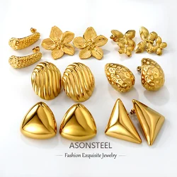 ASONSTEEL Vintage Shell Petal Stud Earrings For Women Fashion Thick Stainless Steel Wedding Jewelry Bohemian Glossy Waterproof
