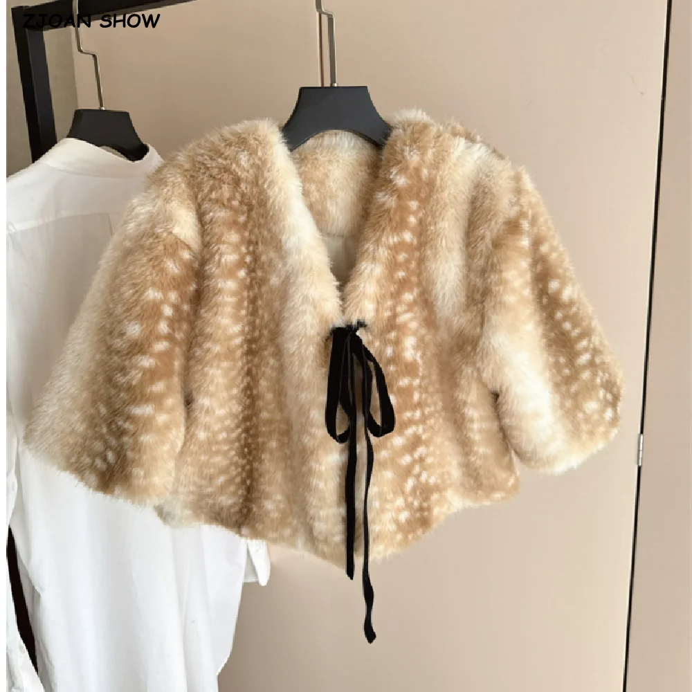 Winter Tie Bow Front Animal Deer Dot Faux Mink Fur Cape Coat Women V neck Short Sleeve Loose Warm Jacket Outerwear