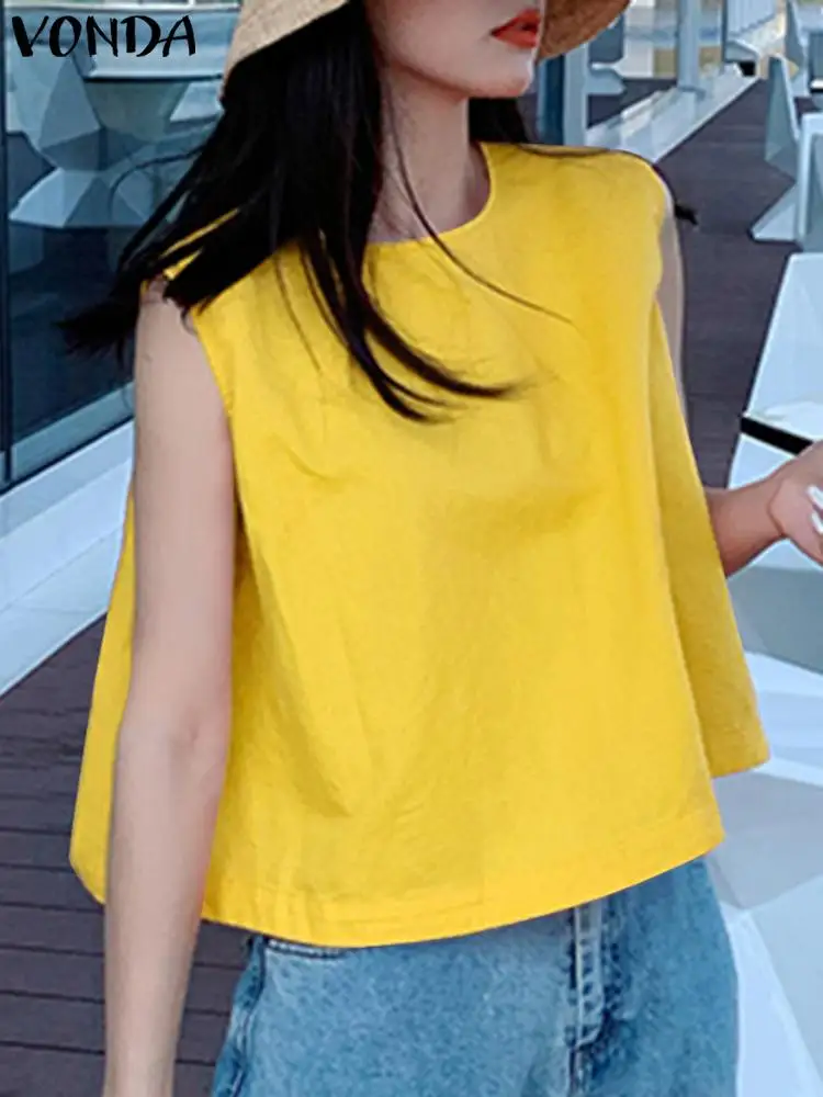 VONDA Women Summer Blouses Sleeveless Tops 2024 Fashion Sexy Solid Color Casual Loose Shirts O-Neck Elegant Blusas Femininas