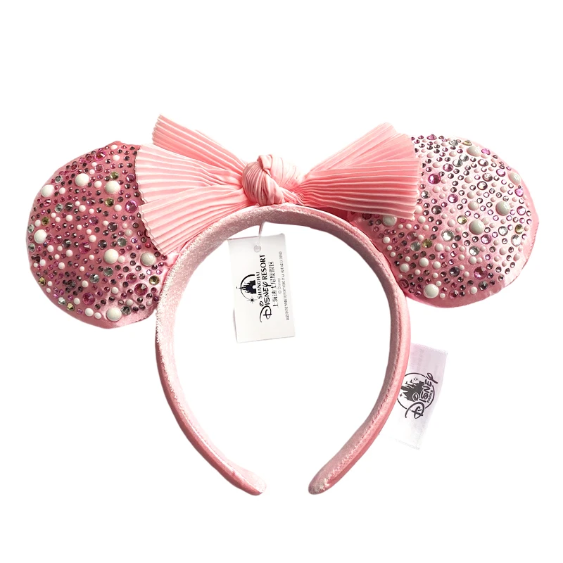 Disney Pink Mickey Mouse Headband Unique Diamond Pearls For Adults Pleated Bow Headband Minnie Park Accessories Headwear