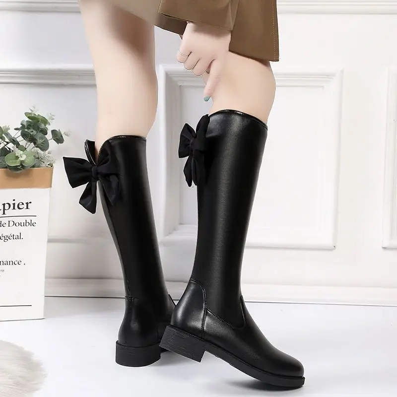 Footwear Flat Ladies Boots Long Winter Knee High Shaft Shoes for Women Black Elegant with Low Heels Waterproof New in Sale Pu 39