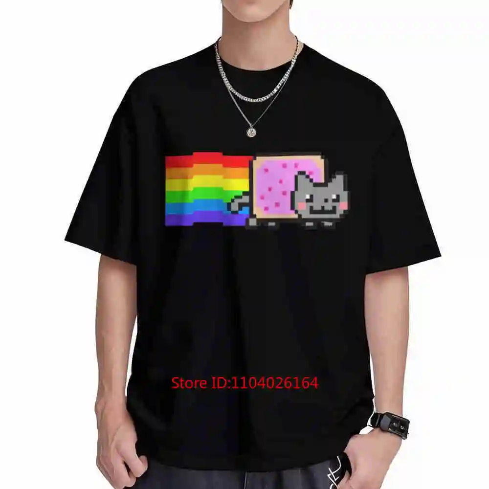 Pixel Art Rainbow Cat Retro 8 Bit Video Game Donut Short Sleeve Tee 100% Cotton T-Shirt