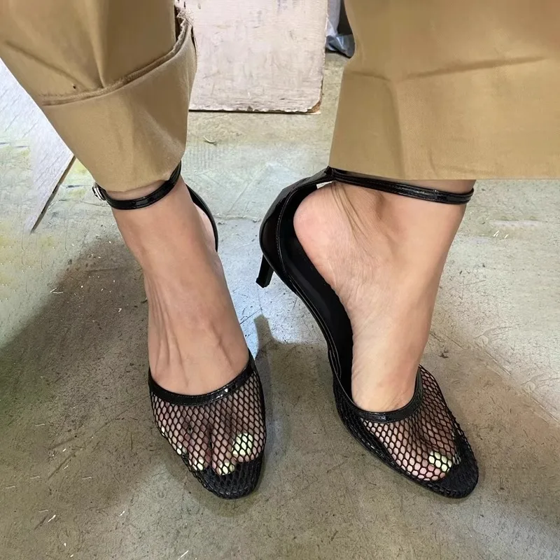 

Vintage Buckle Hollow Mesh Sandals Stiletto Open Toe Black Low High Heels Soft Leather Mary Jane Women Shoes Sandalias Mujer