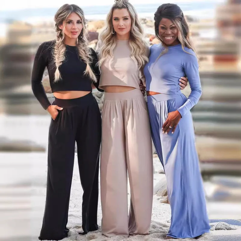 

New plus Size New Women's Wide-Leg Pants Trousers Suit Solid Color Long Sleeve Casual Temperament Twinset