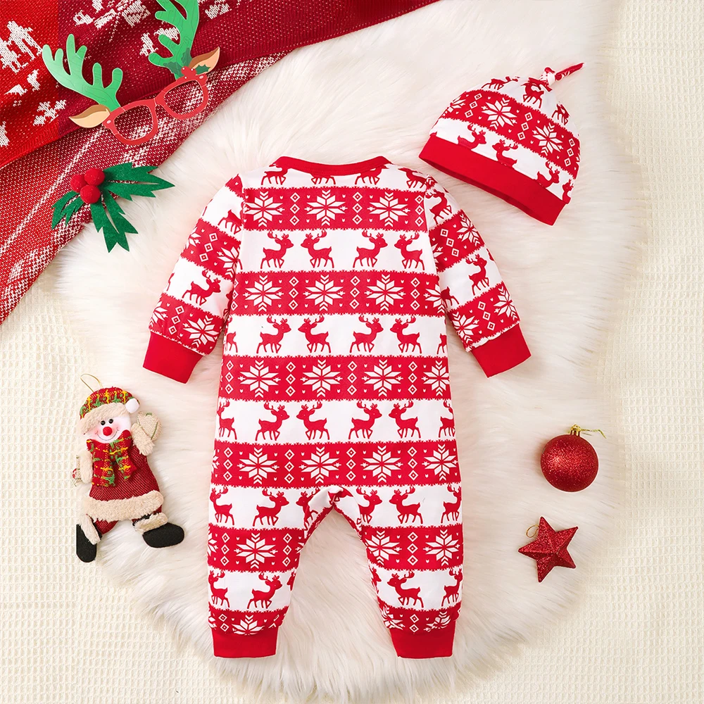 Christmas Unisex Baby Rompers Long Sleeve Boys Girl Animal Print With Button Jumpsuit+Hat 0-18 Months Red Playsuit Xmas Costumes