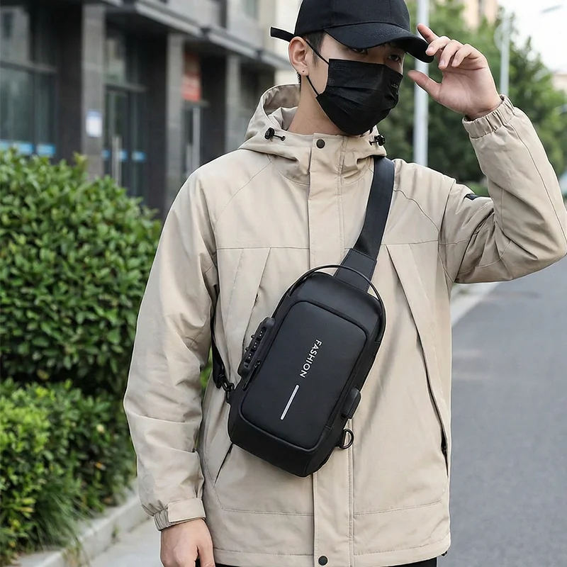 Men's Anti-theft Password Lock Sling Chest Bag, Waterproof Color Block Multi-function Crossbody Shoulder Bag gallery 5