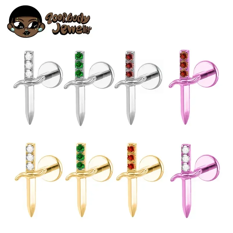 ASTM F136 Titanium Zirkoon Zwaard Helix Lab Piercing Stud Intern Schroefdraad Daith Kraakbeen Tragus Kwab Dolk Geanodiseerd Piercing