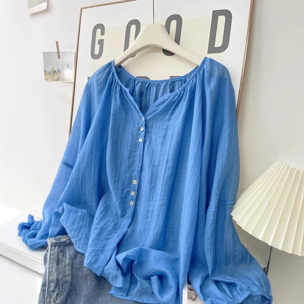 Women's Elastic Round Neck Half Button Blouse, Gathered Neckline Puff Cuff Lantern Long Sleeve Crinkle Texture Casual Shirt