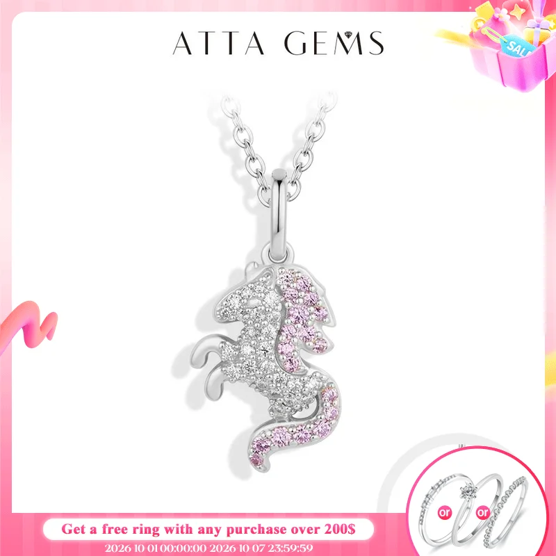 ATTAGEMS Running Unicorn Pendant Pink Zircon White Moissanite Necklace S925 Silver Dreamy Girls Boy Birthday Party Gifts Jewelry