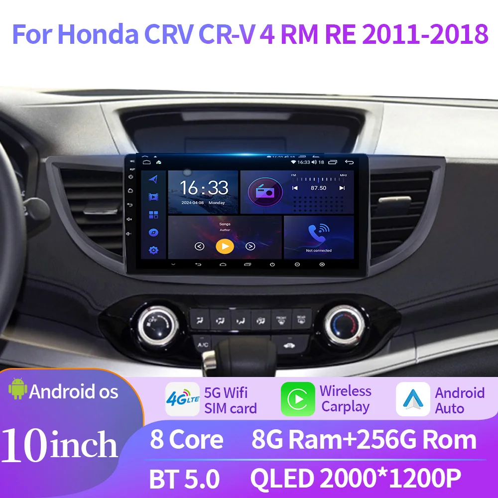 Dla Honda CRV CR-V 4 RM RE 2011-2018 Android OS Radio samochodowe Centrum multimedialne Nawigacja GPS Bezprzewodowy ekran Apple Carplay Stereo