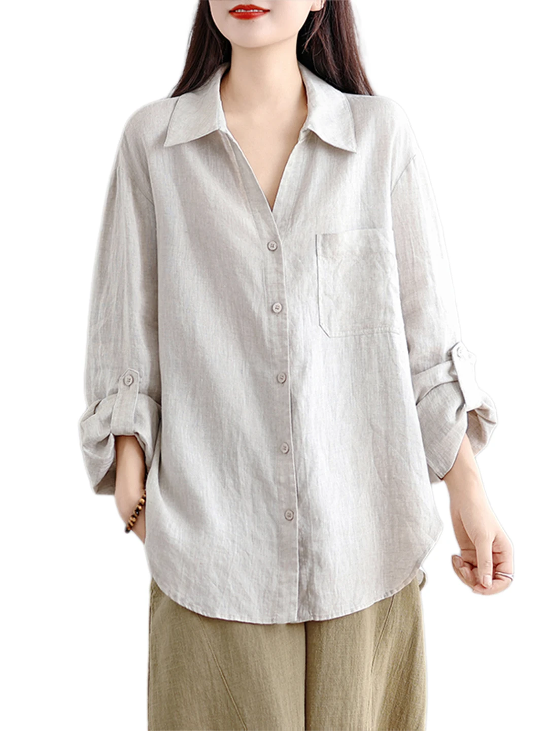 Colletto retrò Lungo Sve Cotone Lino irt Donna Autunno Pendolarismo Allentato Casual Bottone Roll up Sve irt Top