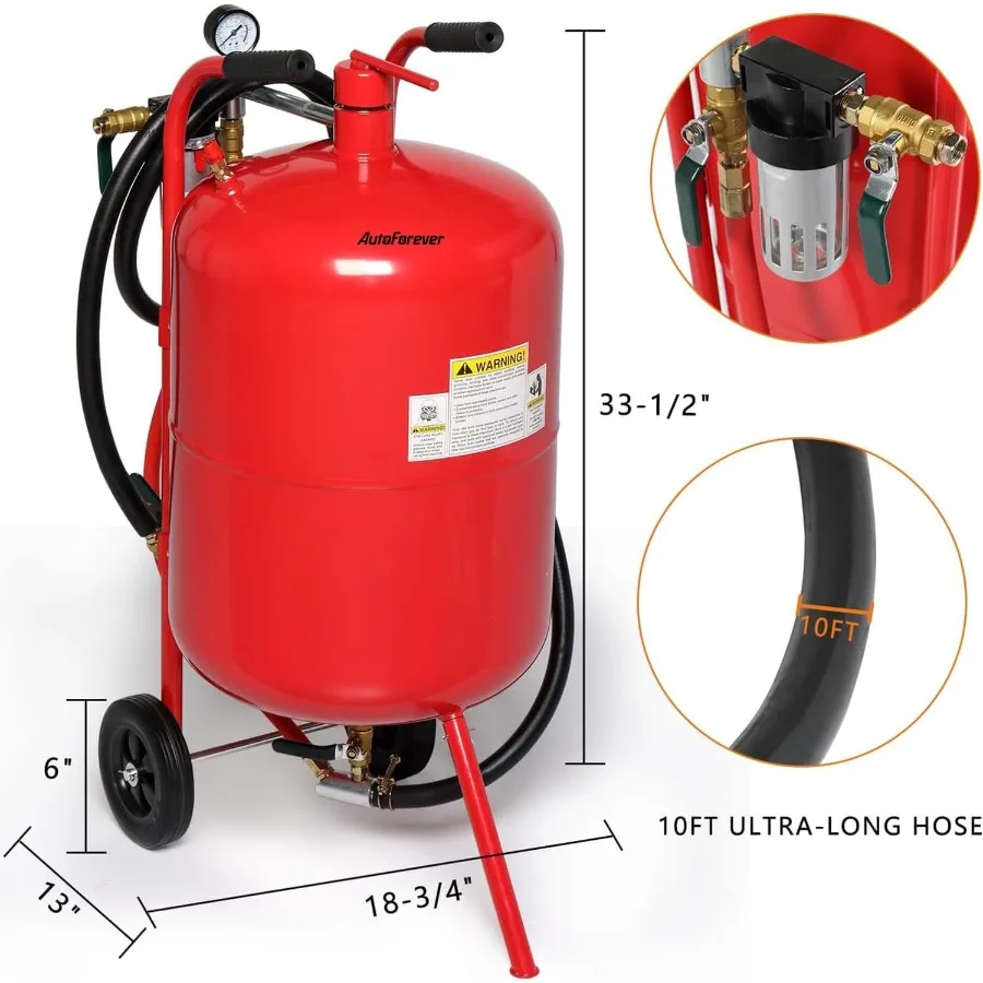AutoForever 10ガロンポットサンドブラストマシン125 PSI高圧エアサンドブラストキット（セラミックノズル4個付き）ポータブル研磨剤