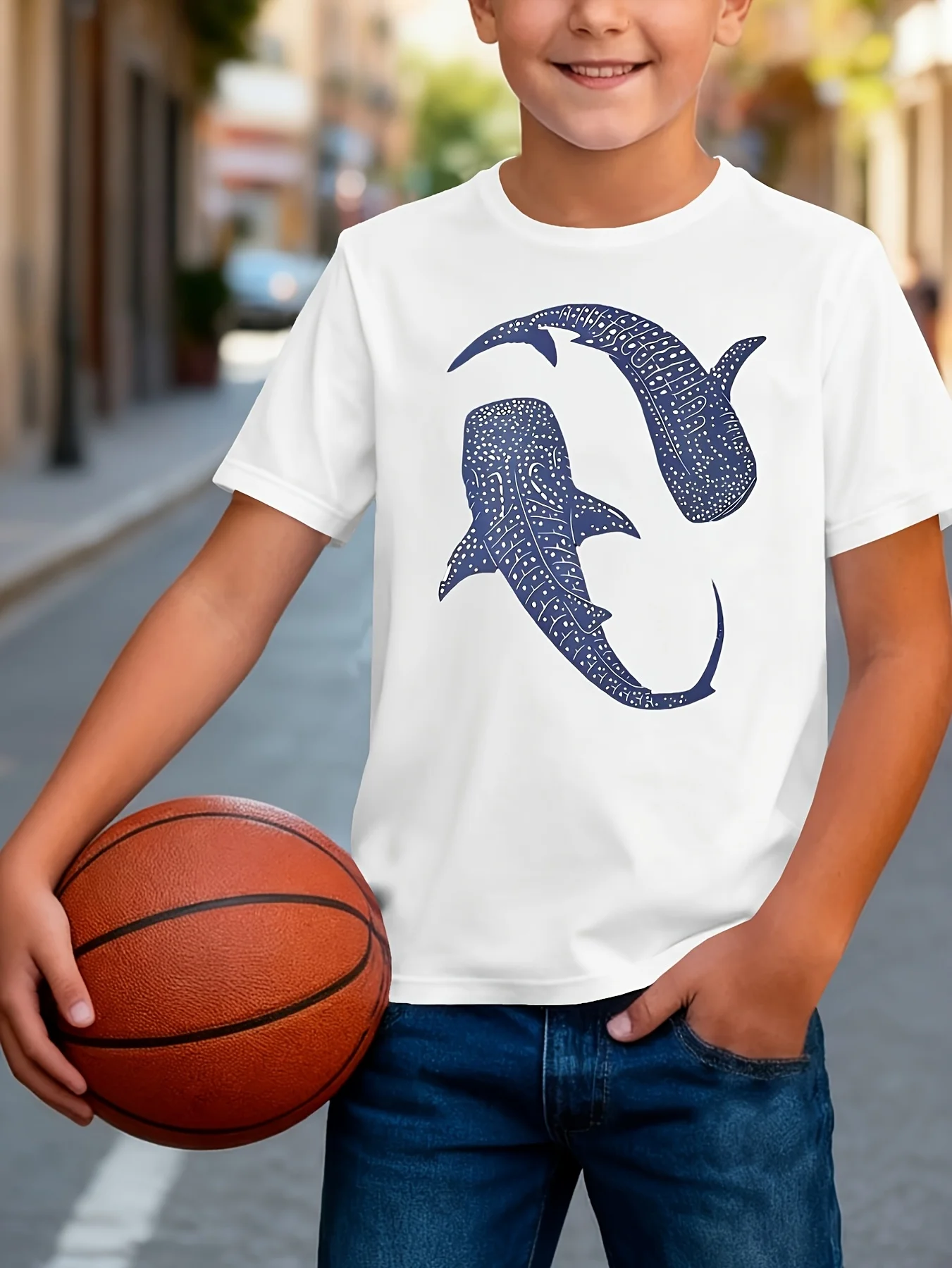 Kids  Cotton Tee Two Spotted Whale Shark Yin Yang Shape Print Crew Neck Short Sleeve Ocean Animal Toddler Casual Tops