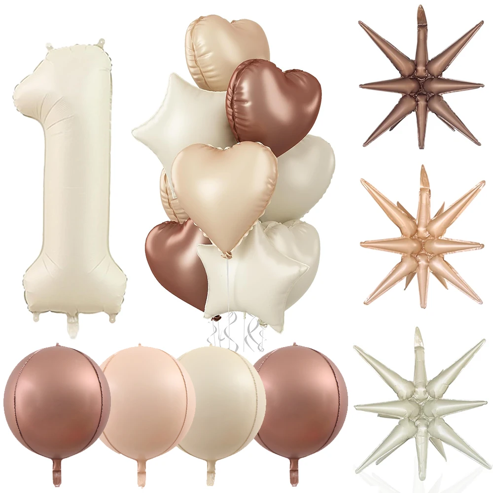 4D Explosion Star Foil Balloons Caramel Cream Brown Heart Balloons Foil Numbers for Birthday Wedding Decors Baby Shower Supplies