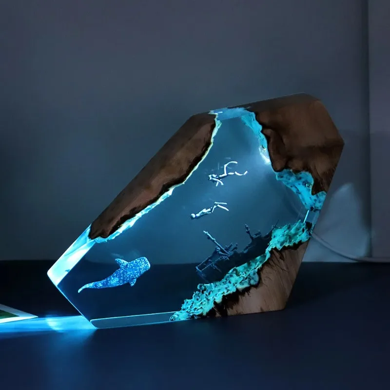 New Creative Epoxy Resin Night Light Shipwreck Shark Whale Ocean Art Crafts Home Decor for Bedroom Office Table Gift