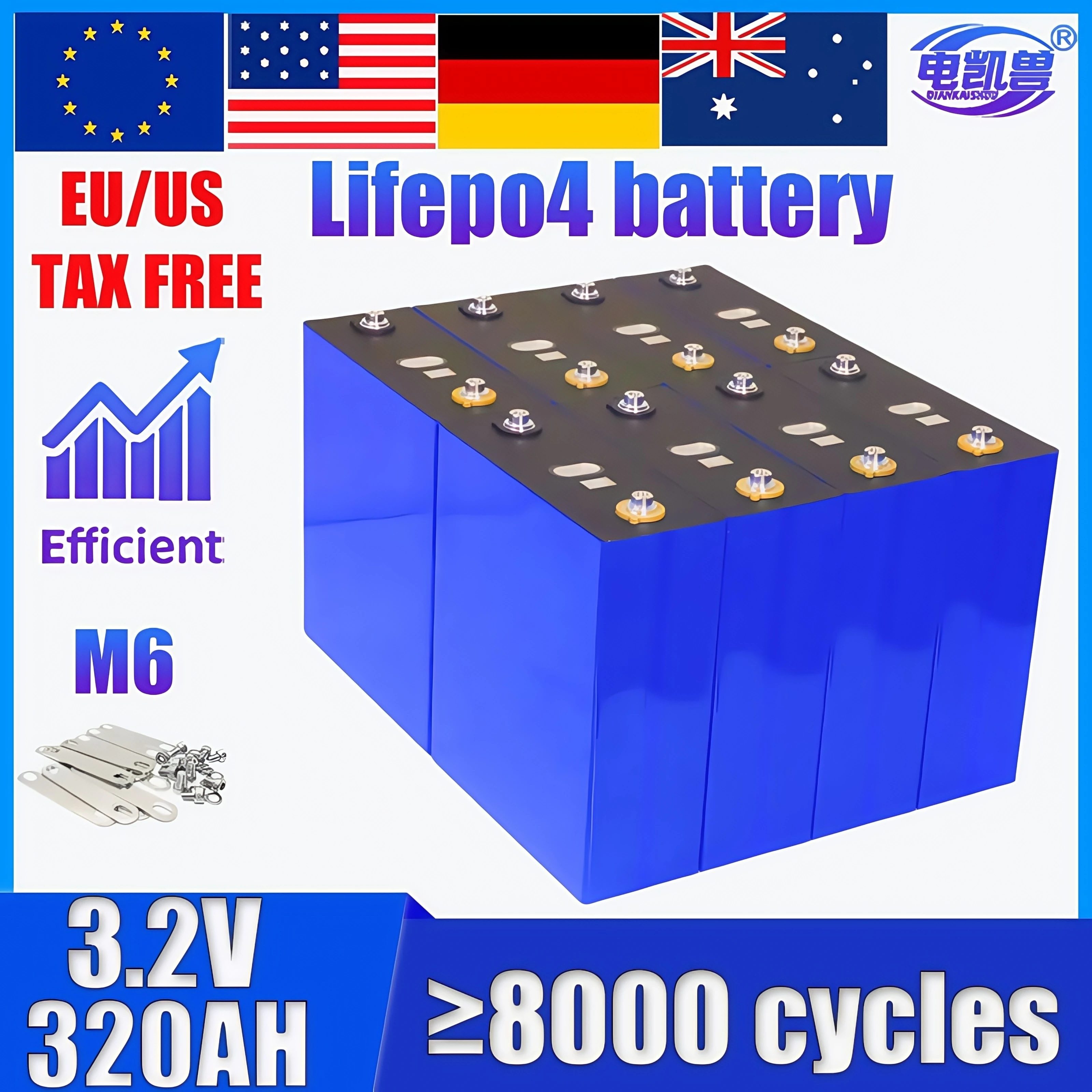 

DIANKAISHOU 3.2V 320Ah LiFePO4 Rechargeable Battery for DIY 12V 24V 48V Golf Cars EV RV Home energy storage