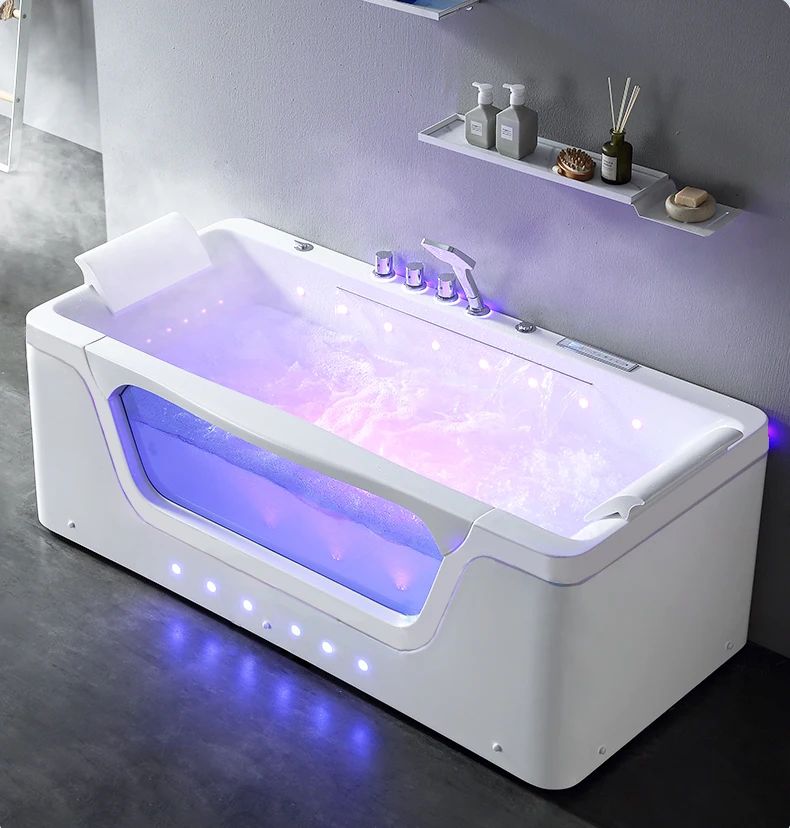 Freestanding Massage Bathtub, 2-Person Acrylic Whirlpool Spa with Waterfall, LED Lights & Handheld Shower