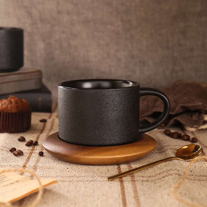 Nordic Black Ceramic Coffee Tea Cup creative coffee shop cups Frosted Porcelain Matte Mug Wood Saucer with Gold Steel Spoon mugs