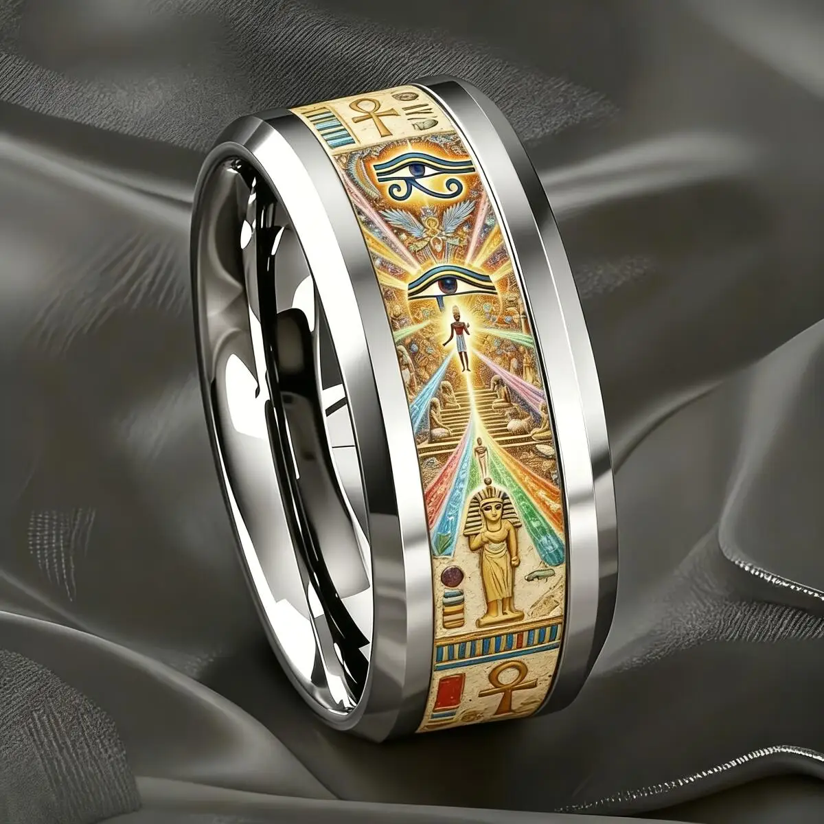 Vintage Ancient Egyptian Horus Eye And Pyramid Totem Ring Retro Egypt Mythology Stainless Steel Rings for Men Women Jewelry Gift