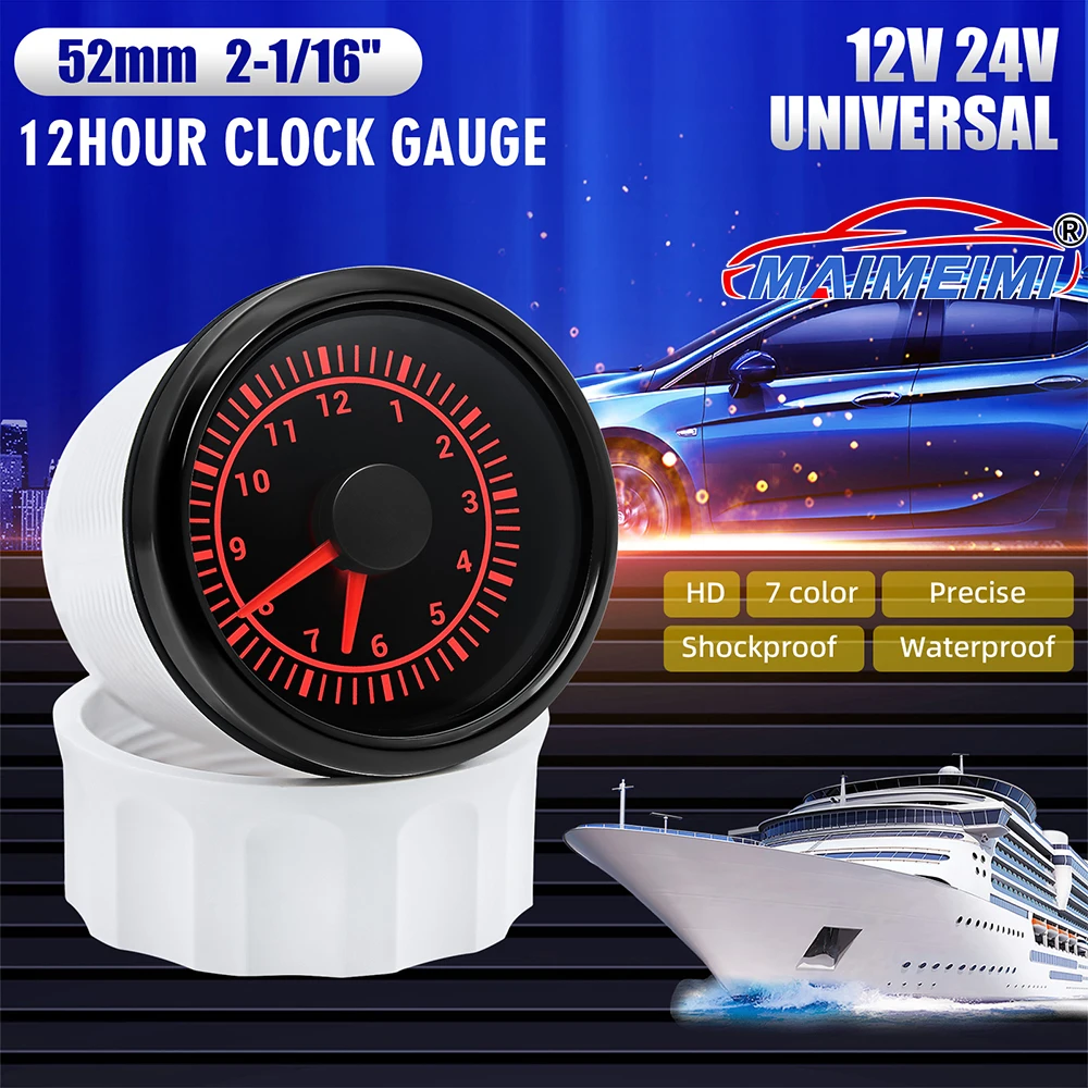 

2" 52mm Clock Gauges with 7 Colors Backlight Instrument Digital pointer Car Gauges 0-12 Hours Hour Meters for Car Truck Yachts