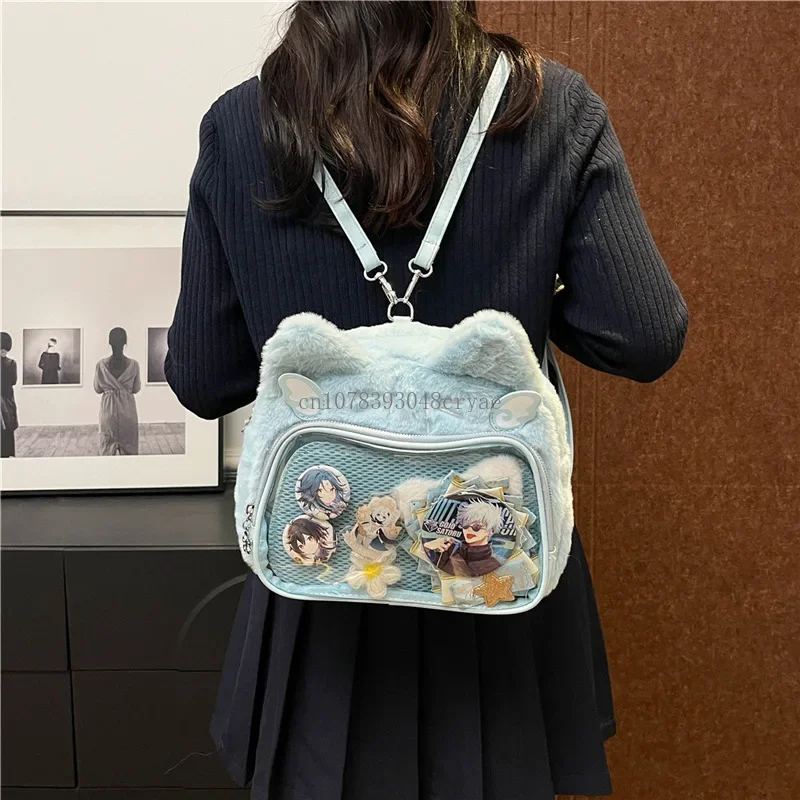 Japanese Cute Fluffy Plush Cat Transparent Ita Bag Y2k Casual Harajuku Kawaii Women Crossbody Bag Preppy Style Cute Schoolbag