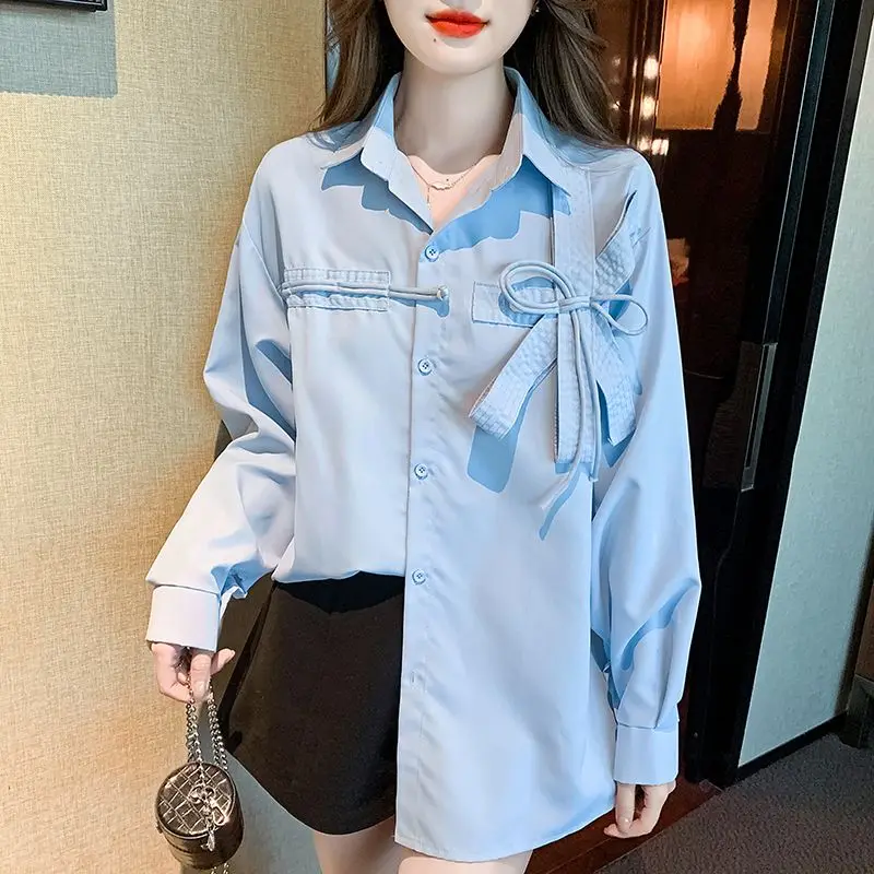 

Polo Collar Blue Shirt Women's Design Sense Niche Bow Long Sleeve Shirt Spring and Autumn Chic Age Reducing Sweet Top