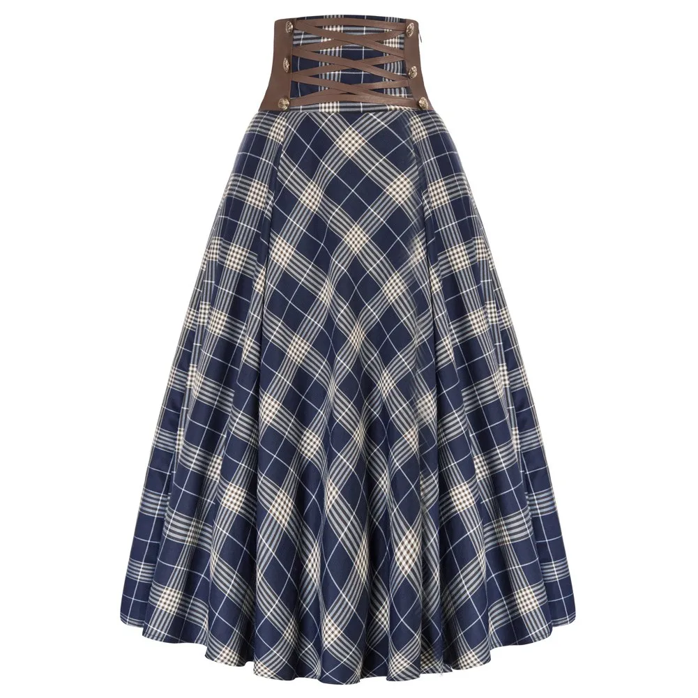 SD Renaissance Plaid Skirt Women High Waist Buttons Decorated A-Line Skirt Fashion Youth Lady Casual Gothic Punk Midi Skirts New