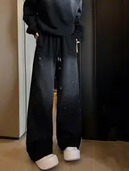 Pantaloni neri Casual con diamanti caldi di moda pantaloni Cargo a vita alta Hip Hop nuovi pantaloni a gamba larga sfumati estetici 2000s pantaloni per ragazze