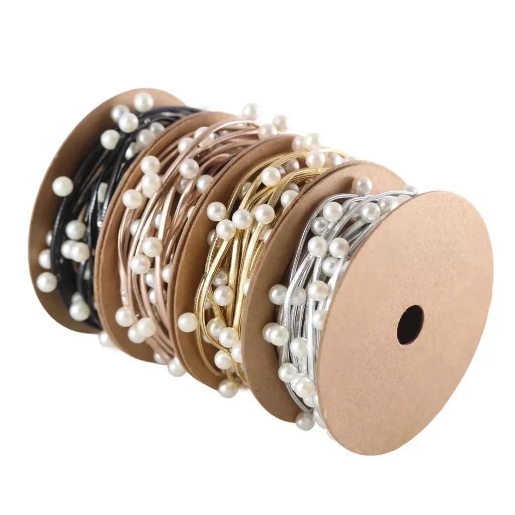 3M 6mm Faux Pearl Embedded Polyester Leather Cord DIY Craft Supply for Gift Wrapping Sewing Hair Accessories Decoration