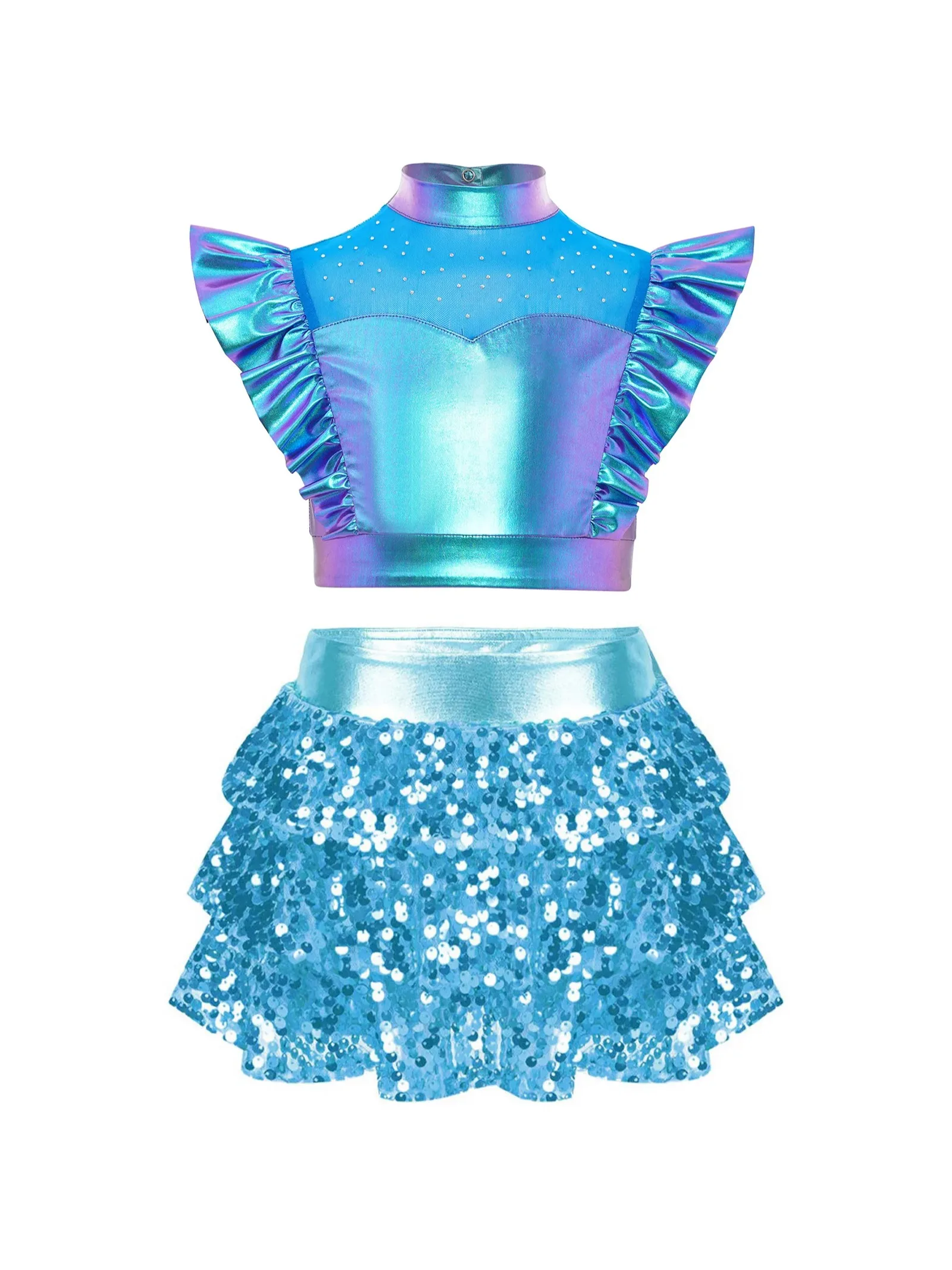 Tenue de danse Jazz Hip-hop pour filles, haut court métallique sans manches en maille strass et jupe à plusieurs niveaux à paillettes, jupe-culotte, costume de pom-pom girl