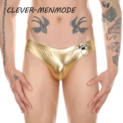 CLEVER-MENMODE Men's Sexy Soft Seamless Penis Bag Panties PU Elastic Thong Metal Ring Decorative Underwear Men G-string Mankini