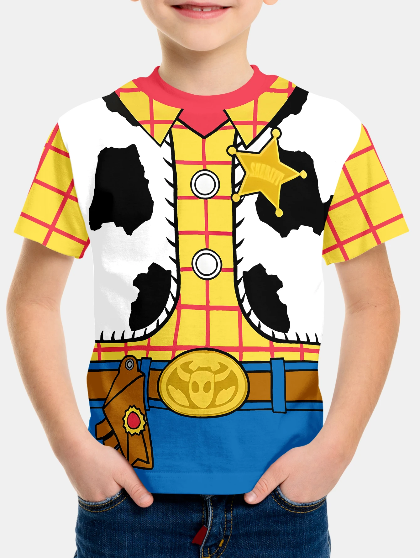 

Boys'Cowboy and Cow Style summer round neck short sleeved T-shirt, casual lightweight and comfortable top, 3D printed